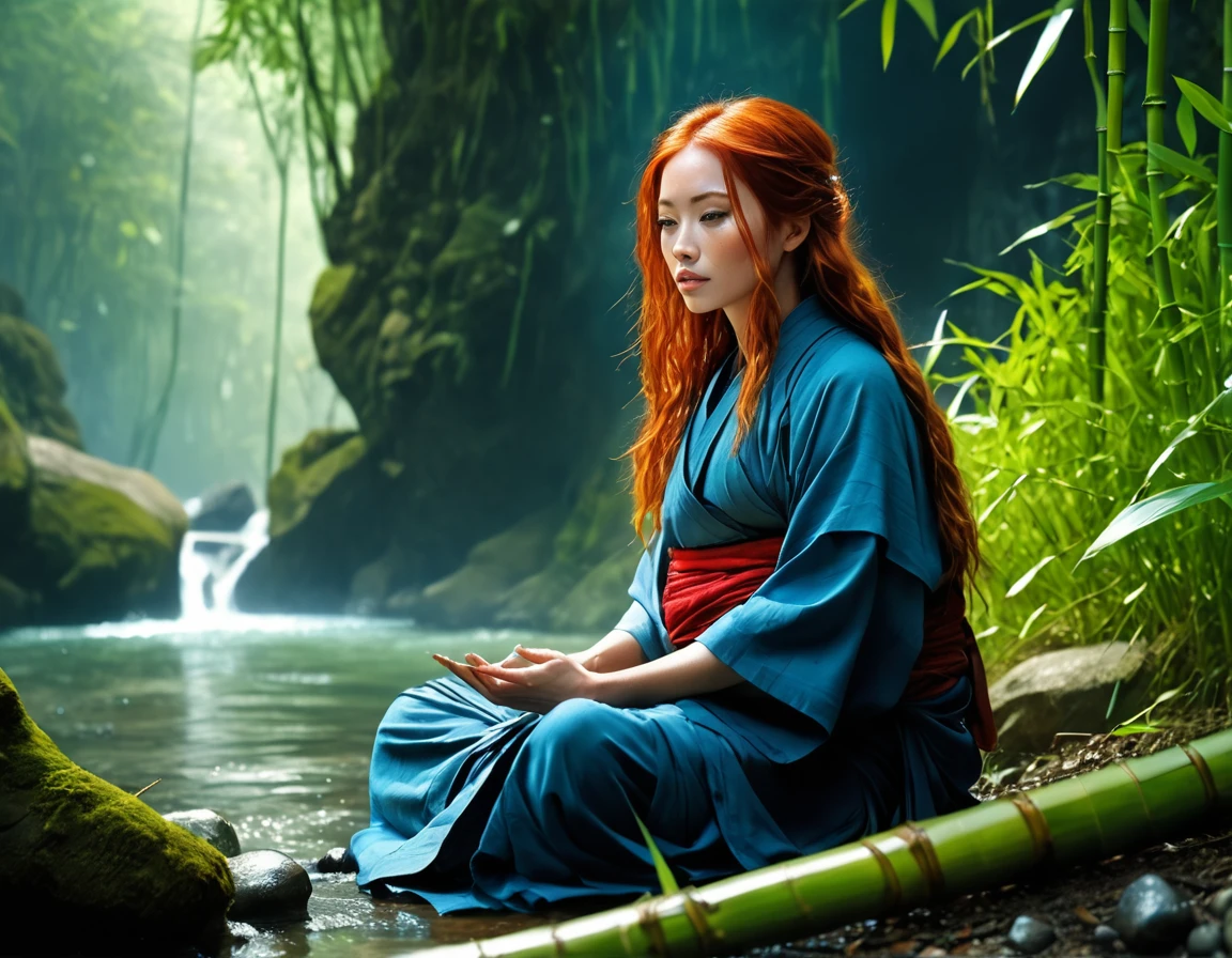 a picture of a (female monk: 1.2) sitting and meditating near a waterfall in a bamboo forest,  there is a human woman monk wearing monk garbs, (epic sized waterfall: 1.3), red hair, long hair, full body (best details, Masterpiece, best quality :1.5), ultra detailed face (best details, Masterpiece, best quality :1.5), ultra feminine (best details, Masterpiece, best quality :1.5), exquisite beautiful (best details, Masterpiece, best quality :1.5) red hair, long hair, wavy hair, pale skin, blue eyes, intense eyes, water coming down from a volcanic cliff, she is sitting in a rich epic bamboo forest, clear water in many hues of blue and azure, it is the dawn of day, between night and day, the sun is rising, a time of meditation and serenity, bamboo forest background, fantasy art, photorealistic, D&D art, ultra best realistic, best details, best quality, 16k, [ultra detailed], masterpiece, best quality, (extremely detailed), ultra wide shot, photorealism, depth of field, hyper realistic painting, Cinematic Hollywood Film