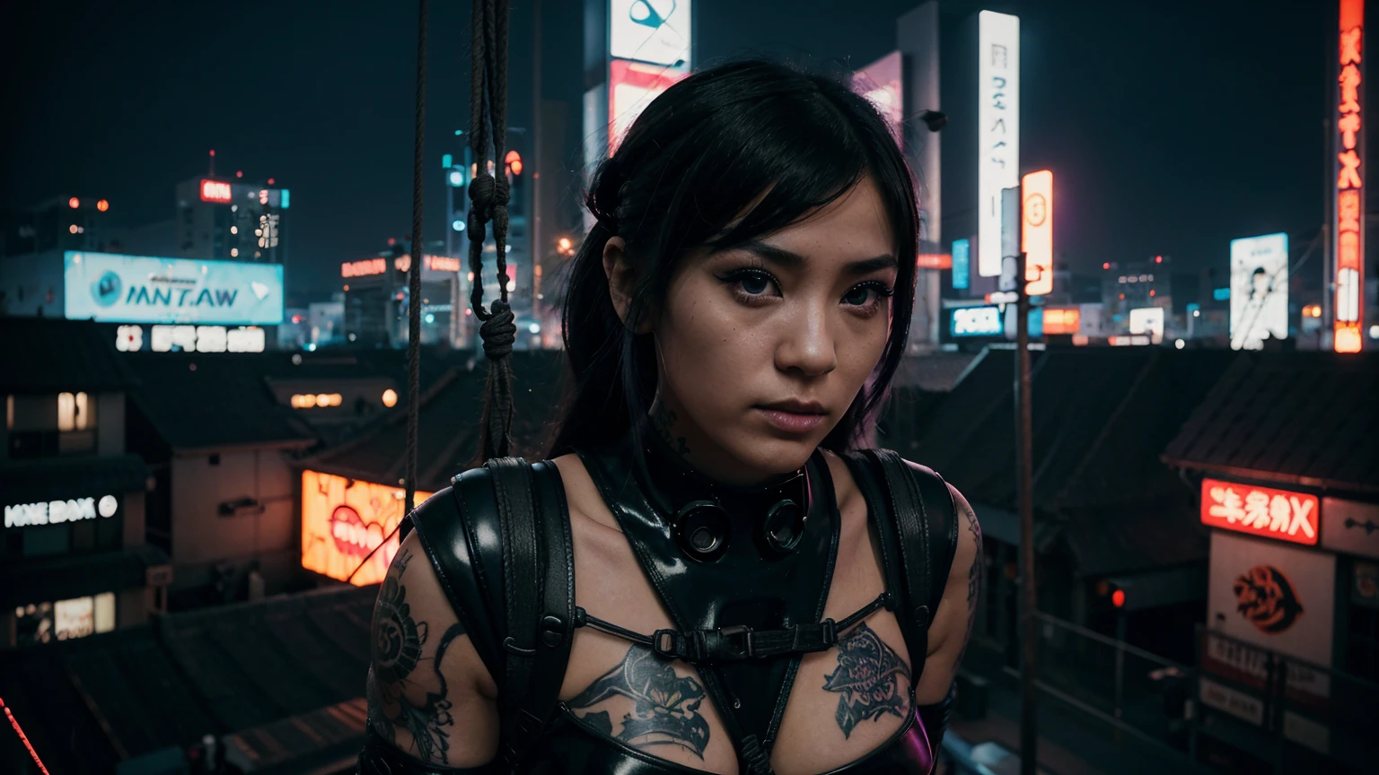black-and-white photography. Kinbaku. realistic eyes. stylized cyberpunk artwork of soft neon filter. photorealistic cyberpunk. 8k. futuristic cinematic, very high resolution. maximum resolution. ultra realistic. unique beautiful face, realistic eyes, retro grunge photo ascetic. cyberpunk megacity night view from window, purple neon. very-tattooed. entire body tattoos. Japanese teen kawaii girl wearing latex sci-fi bdsm costume. suspended with ropes. bound with rope. bondage suspension. Shibari. rope suspension. wearing african tribal mask