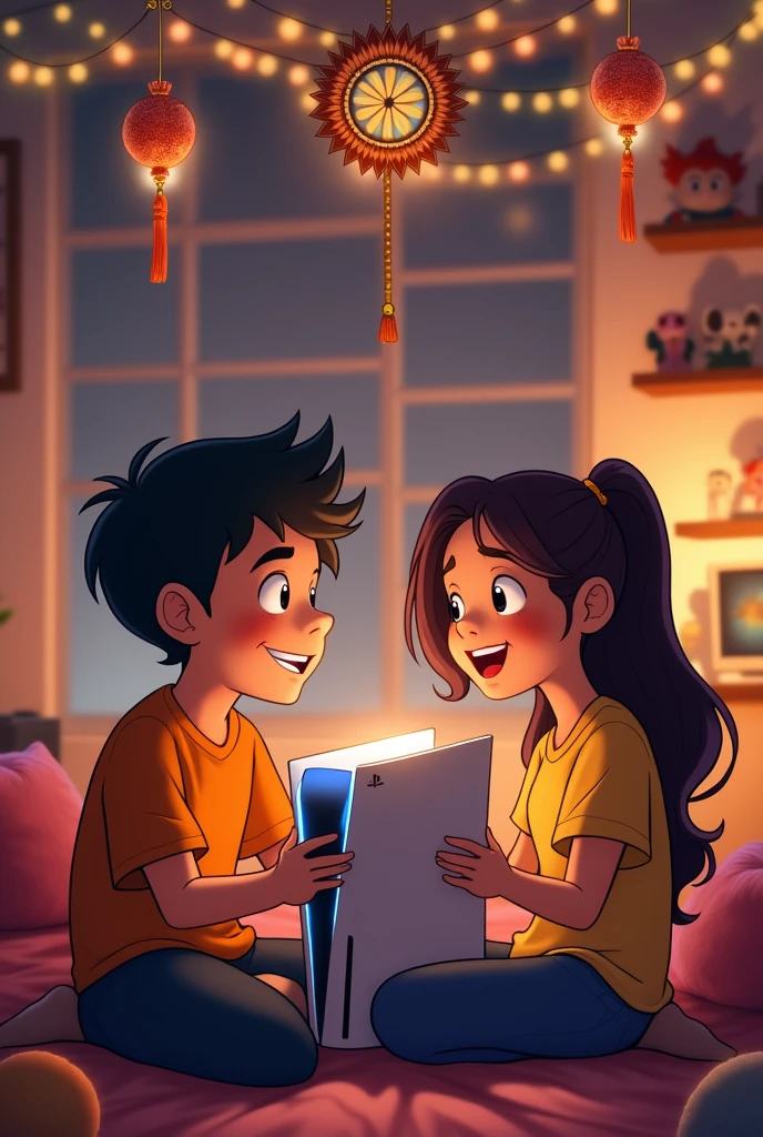 A joyful scene where a brother is surprising his sister with a PS5, surrounded by gaming memorabilia and festive Rakshabandhan decorations, all set in a cozy, well-lit gaming room. Show anime character