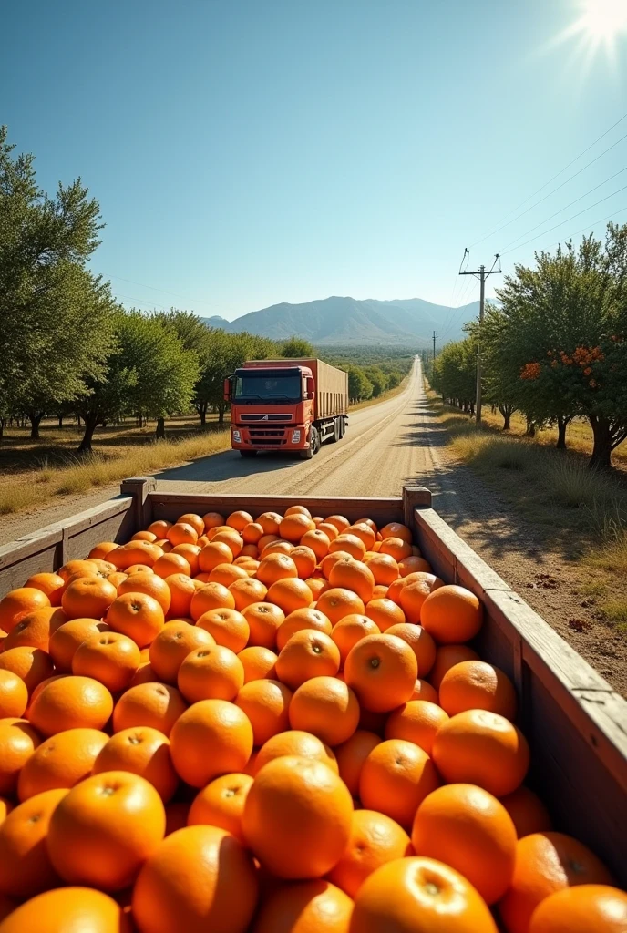 A big open truck with full of oranges going to a fruit processing company