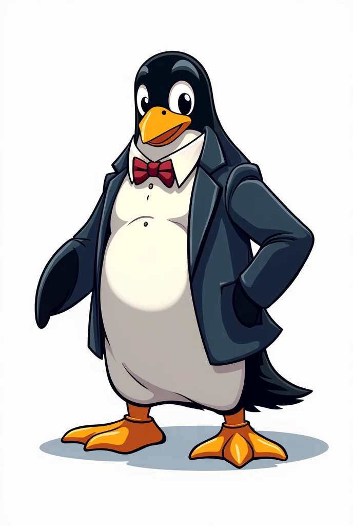 Linux mascot is wearing business suite bravest
human structure wearing business suite Linux mascot mid shot retro comic style neno colours white background 4k image