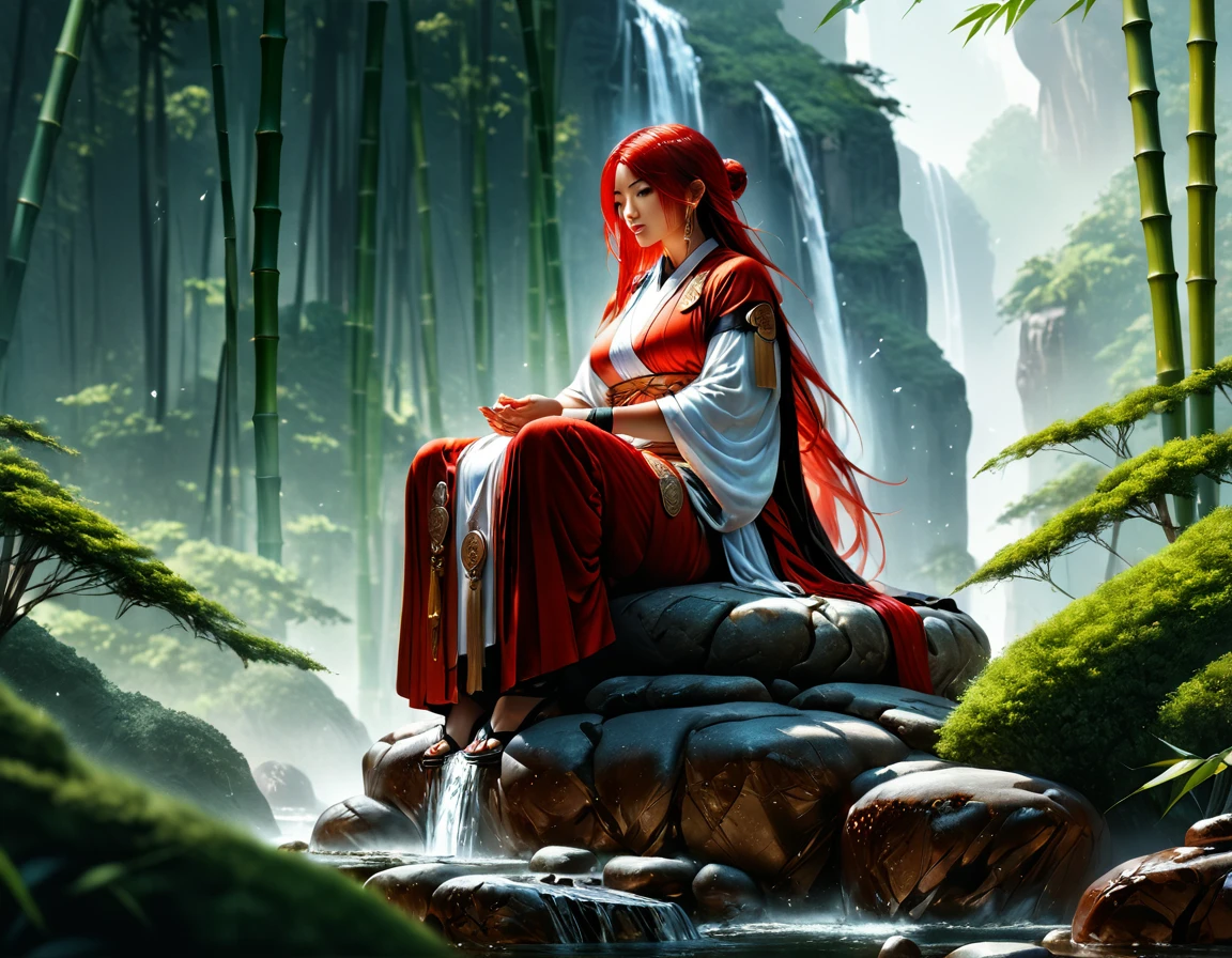a picture of a (female monk: 1.2) sitting and meditating near a waterfall in a bamboo forest,  there is a human woman monk wearing monk garbs, (epic sized waterfall: 1.3), red hair, long hair, full body (best details, Masterpiece, best quality :1.5), ultra detailed face (best details, Masterpiece, best quality :1.5), ultra feminine (best details, Masterpiece, best quality :1.5), exquisite beautiful (best details, Masterpiece, best quality :1.5) red hair, long hair, wavy hair, pale skin, blue eyes, intense eyes, water coming down from a volcanic cliff, she is sitting in a rich epic bamboo forest, clear water in many hues of blue and azure, it is the dawn of day, between night and day, the sun is rising, a time of meditation and serenity, bamboo forest background, fantasy art, photorealistic, D&D art, ultra best realistic, best details, best quality, 16k, [ultra detailed], masterpiece, best quality, (extremely detailed), ultra wide shot, photorealism, depth of field, hyper realistic painting, Cinematic Hollywood Film