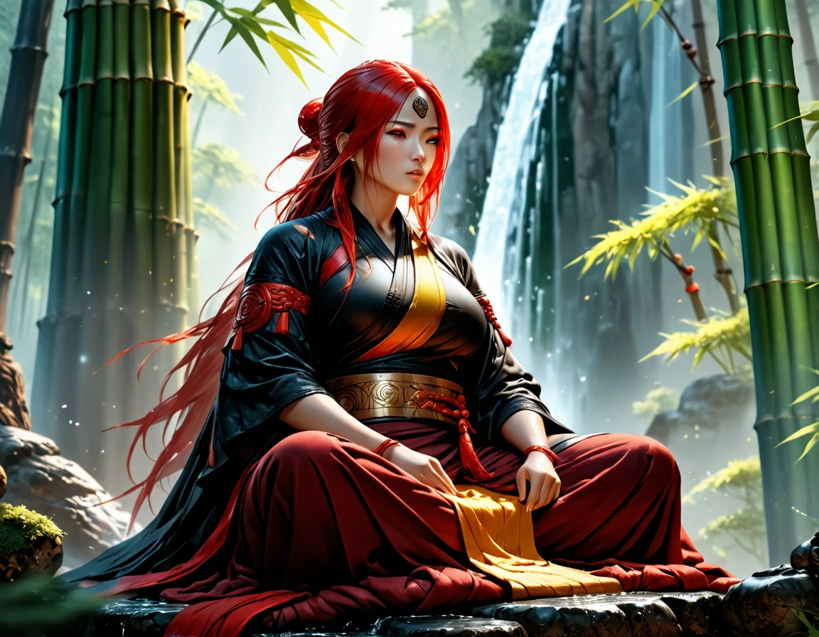 a picture of a (female monk: 1.2) sitting and meditating near a waterfall in a bamboo forest,  there is a human woman monk wearing monk garbs, (epic sized waterfall: 1.3), red hair, long hair, full body (best details, Masterpiece, best quality :1.5), ultra detailed face (best details, Masterpiece, best quality :1.5), ultra feminine (best details, Masterpiece, best quality :1.5), exquisite beautiful (best details, Masterpiece, best quality :1.5) red hair, long hair, wavy hair, pale skin, blue eyes, intense eyes, water coming down from a volcanic cliff, she is sitting in a rich epic bamboo forest, clear water in many hues of blue and azure, it is the dawn of day, between night and day, the sun is rising, a time of meditation and serenity, bamboo forest background, fantasy art, photorealistic, D&D art, ultra best realistic, best details, best quality, 16k, [ultra detailed], masterpiece, best quality, (extremely detailed), ultra wide shot, photorealism, depth of field, hyper realistic painting, Cinematic Hollywood Film