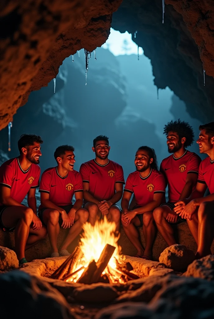 a group of manchester united fans camping in a dark moody cave, (best quality,4k,8k,highres,masterpiece:1.2),ultra-detailed,(realistic,photorealistic,photo-realistic:1.37),detailed campfire, group of men sitting around campfire, warm firelight, glowing embers, dramatic shadows, rugged rock formations, dripping water, mist, moody atmosphere, soccer jerseys, excited expressions, bonding experience