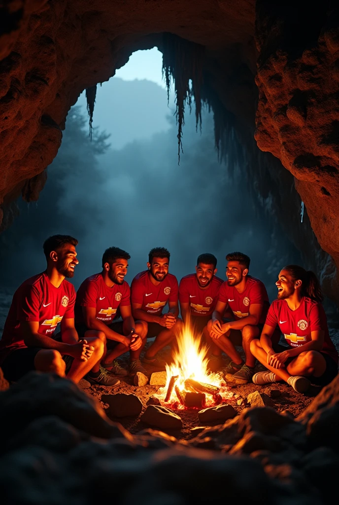 a group of manchester united fans camping in a dark moody cave, (best quality,4k,8k,highres,masterpiece:1.2),ultra-detailed,(realistic,photorealistic,photo-realistic:1.37),detailed campfire, group of men sitting around campfire, warm firelight, glowing embers, dramatic shadows, rugged rock formations, dripping water, mist, moody atmosphere, soccer jerseys, excited expressions, bonding experience