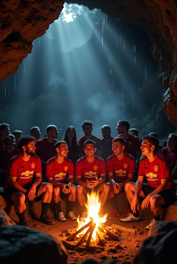 a group of manchester united fans camping in a dark moody cave, (best quality,4k,8k,highres,masterpiece:1.2),ultra-detailed,(realistic,photorealistic,photo-realistic:1.37),detailed campfire, group of men sitting around campfire, warm firelight, glowing embers, dramatic shadows, rugged rock formations, dripping water, mist, moody atmosphere, soccer jerseys, excited expressions, bonding experience