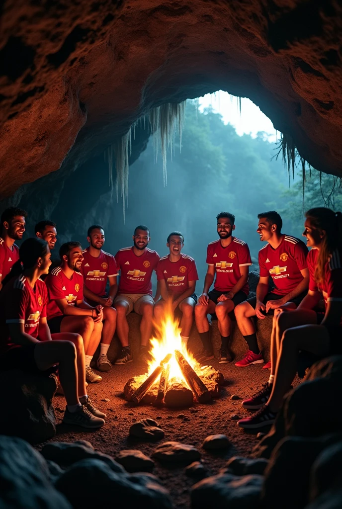 a group of manchester united fans camping in a dark moody cave, (best quality,4k,8k,highres,masterpiece:1.2),ultra-detailed,(realistic,photorealistic,photo-realistic:1.37),detailed campfire, group of men sitting around campfire, warm firelight, glowing embers, dramatic shadows, rugged rock formations, dripping water, mist, moody atmosphere, soccer jerseys, excited expressions, bonding experience