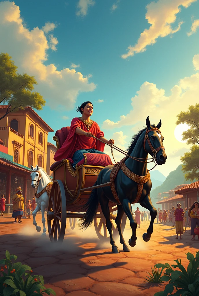 Plato's chariot drawn by 1 black horse and 1 white horse. Salvadoran society in the background.



