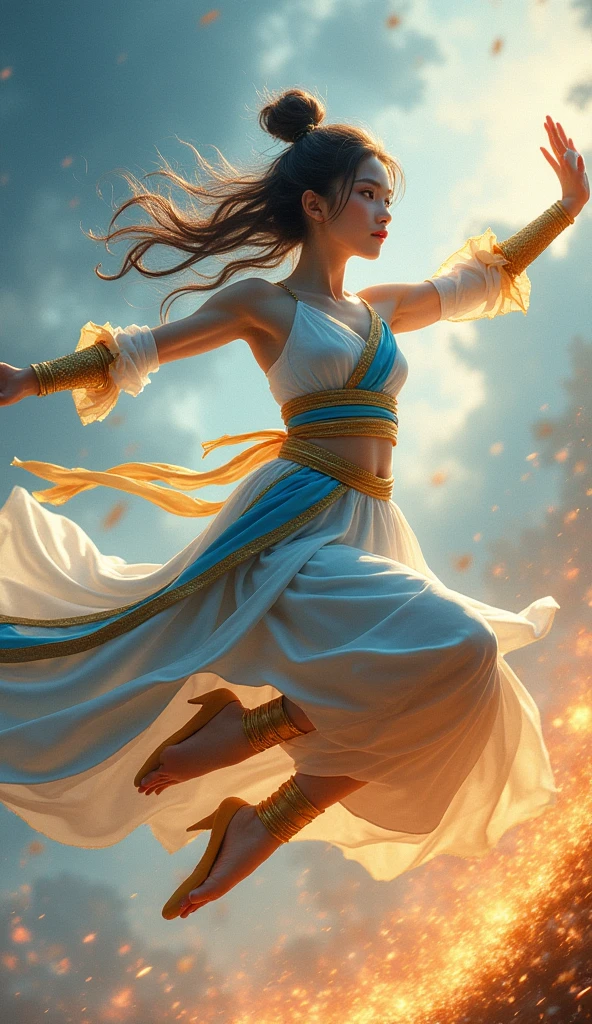 Masterpiece, best quality, realistic, (1 girl: 1.3), blue gold white clothes, shawl long hair, jump, leap, dance, green gold white clothes, long skirt, long scarf, flowing, light armor, snow white skin, bare shoulders, full body, (from below:1.5), martial arts, dynamics, flames, particles
