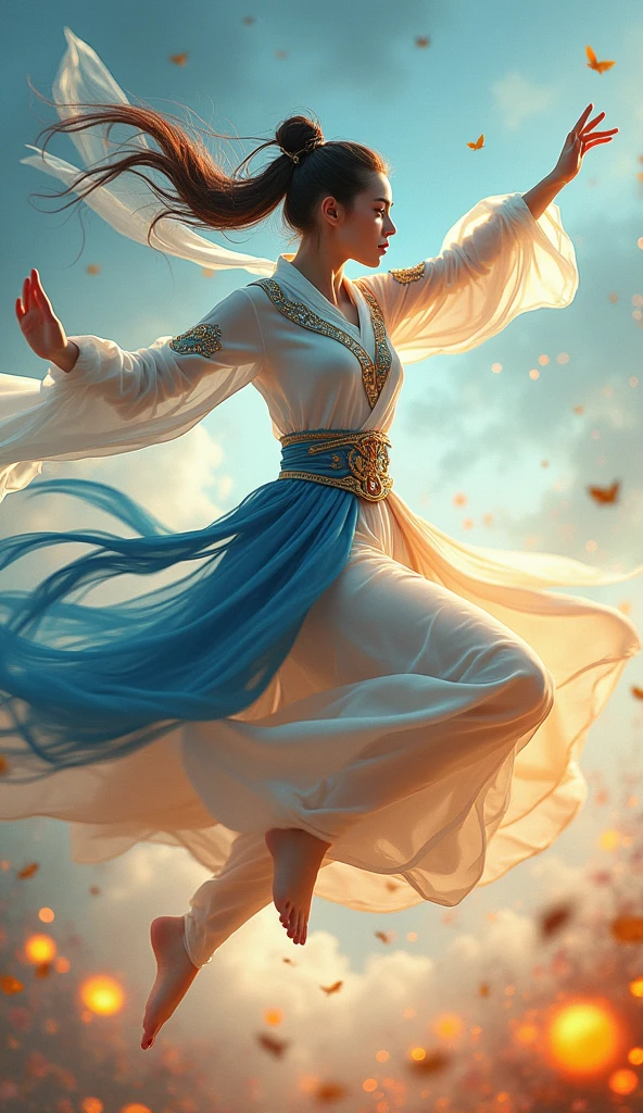 Masterpiece, best quality, realistic, (1 girl: 1.3), blue gold white clothes, shawl long hair, jump, leap, dance, green gold white clothes, long skirt, long scarf, flowing, light armor, snow white skin, bare shoulders, full body, (from below:1.5), martial arts, dynamics, flames, particles