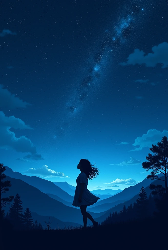 Silhouette of a girl under the starry sky, In the background, a landscape by Bosco in shades of blue 