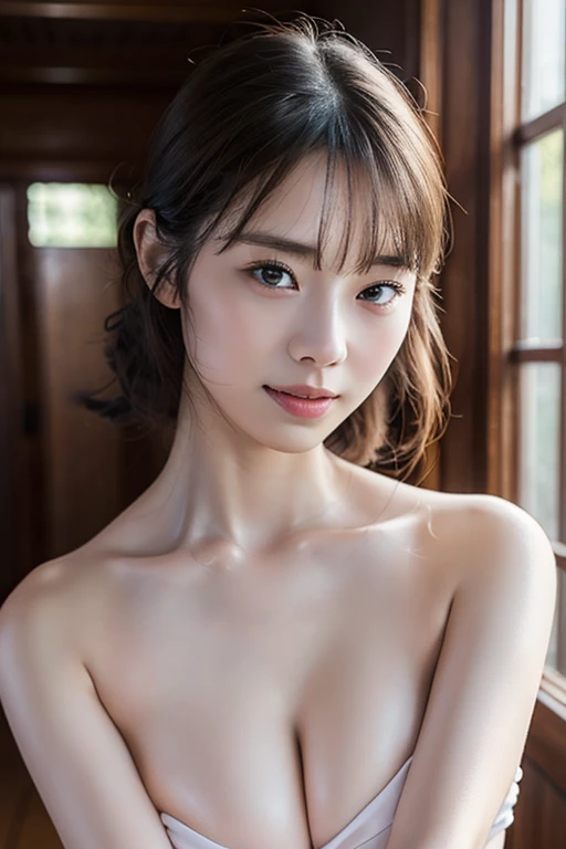 bangs,(Large Breasts:1.2),(Highest quality,masterpiece:1.2),One person,One person,alone,Fair skin,8k,Ultra-high resolution,Super detailed,Highest quality,Look at the viewers、Perfect lighting,flat light,super high quality,Ultra-high resolution,masterpiece,Realistic,Detailed face,Perfect Anatomy,Slender body、Young face、smile、Sweating、Flushed Cheeks、whole body、Please wear a leotard.、New Gymnastics、Beautiful feet、Baby Face、round face、light makeup、Have a lively bounce around!、Sweaty