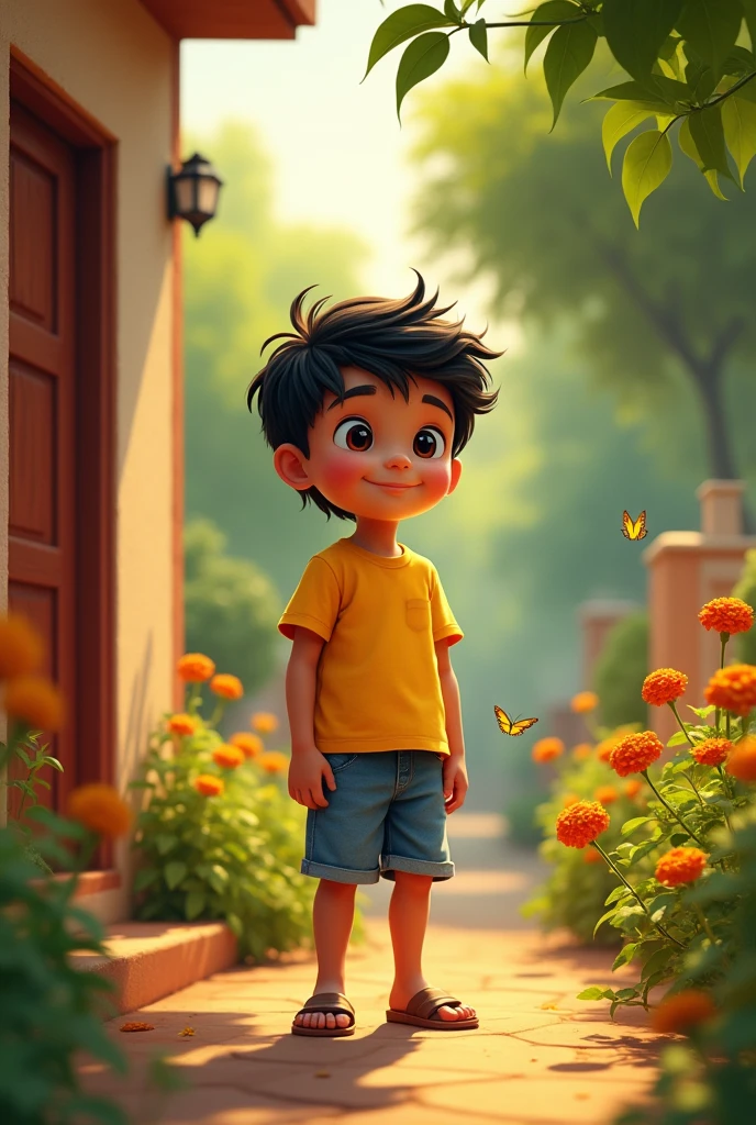 A young boy named Rahul standing in front of his house, looking curious and happy.