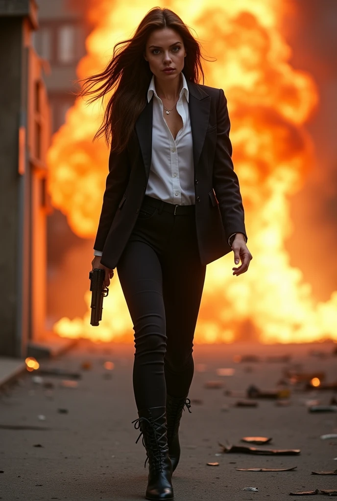 A stunningly beautiful and glamorous 40-year-old white woman, an FBI agent.、dark brunette straight long hair,She stands with her back to us, a gun in her hand、Ten meters ahead of her, a building erupts in flames, a massive explosion.、Shattered glass and concrete fragments flying、super realistic mature's body and skin,wearing plain black tight suit and white shirts and low-heel boots,sagging very huge bust,A tense scene from a crime drama, a fierce gun battle.、plump glamorous body neat woman,She is also dirty and torn, and she is also scratched.、A fugitive々、A very cool way to hold a pistol, like Angelina Jolie,very huge sagging tits,slight fat glamorous sexy figure,Her back, bearing wounds、Blood stain on the shirt、She's posing with a gun looking very cool、super huge bare sagging tits,slight fat glamorous sexy naked figure,plump glamorous body、Large buttocks、