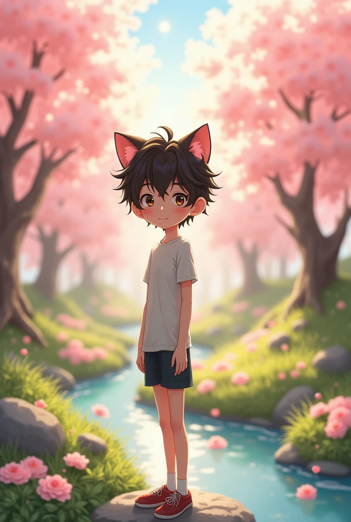 1 anime style boy, nude, light skin color, with cat ears on his hair