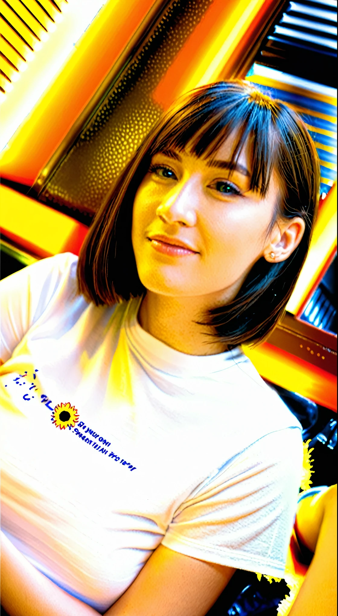 (portrait photo: 1.2) girls in white T-shirt, restaurant background, with warm lighting