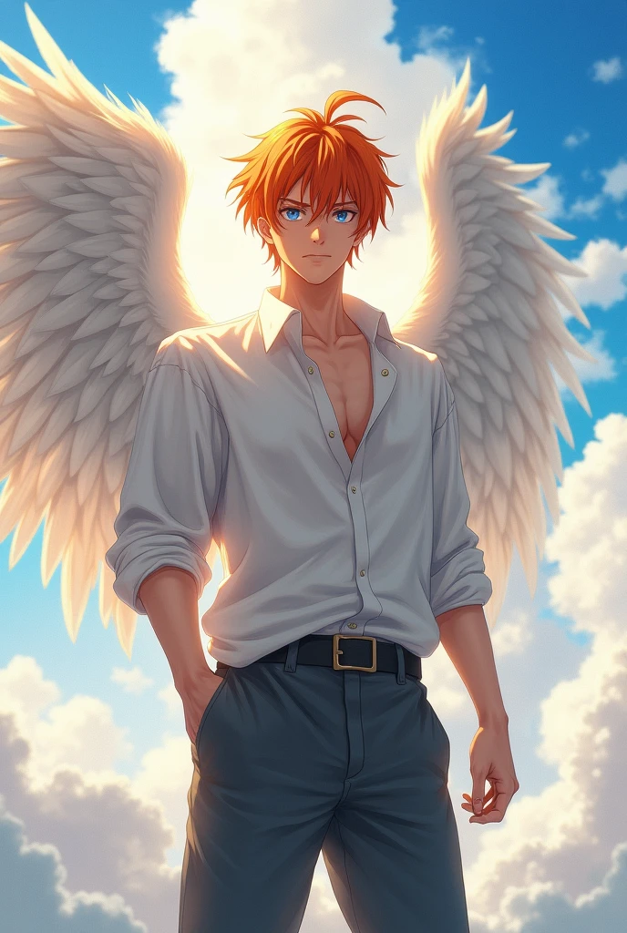 a guy with orange hair and blue eyes, Beautiful face, beautiful body, Angel wings, one wing is spread, full length, white mother, dark gray pants, anime art, realistically, super detail, masterpiece