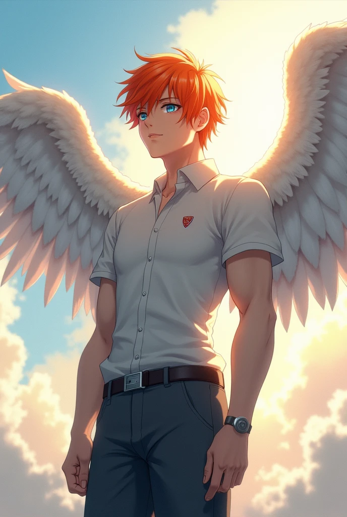 a guy with orange hair and blue eyes, Beautiful face, beautiful body, Angel wings, one wing is spread, full length, white mother, dark gray pants, anime art, realistically, super detail, masterpiece