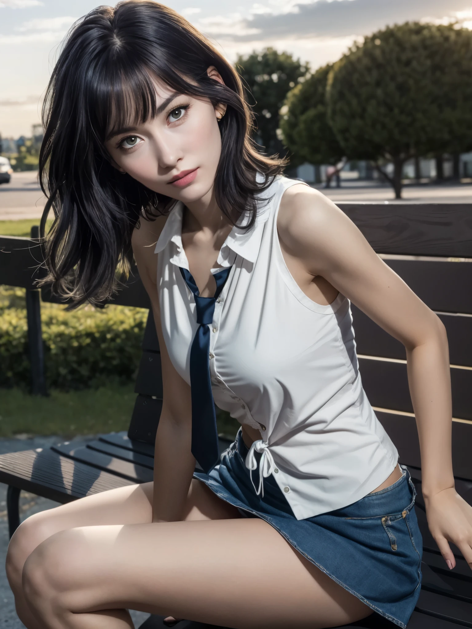 girl sitting in the park, BREAK, 1girl, pov, sitting, hand on bench, (frontal shot view:1.4), detailed face, (looking at viewer:1.2), head tilt, hair swept to front, thin bangs, cropped sleeveless white blouse shirt, loose tie, thighs, (spread legs:0.4), pleated grey mini skirt, thongs, sunset twilight, close-up shot,