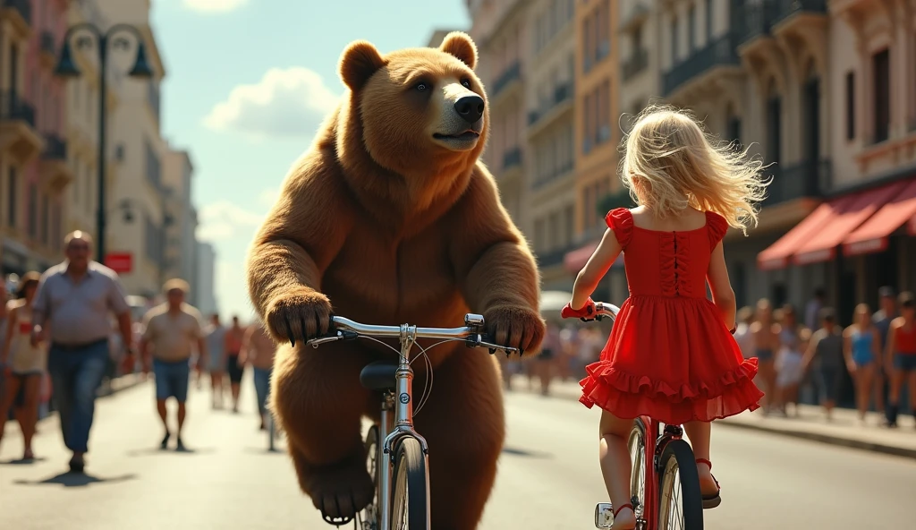 a large realistic bear pedaling the bicycle and a beautiful and innocent blonde\(in a red dress with ruffles\) sitting with her back on the bicycle seat, feeling like a ager, on the urban side, from sideways,dynamic angle, very realistic photo