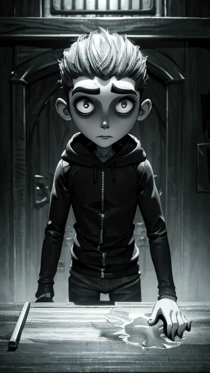 (1boy, norman), (extremely detailed CG unit 8k wallpaper),(master part), (best quality), (ultra detail), (best illustration),(TimBurton Animation), cowboy shot, (Sharp eyeliner, ombre, detail eyes), dark dungeon interiors background, ,break , (vamptech), child,thick eyebrows, hoodie, decolorise,