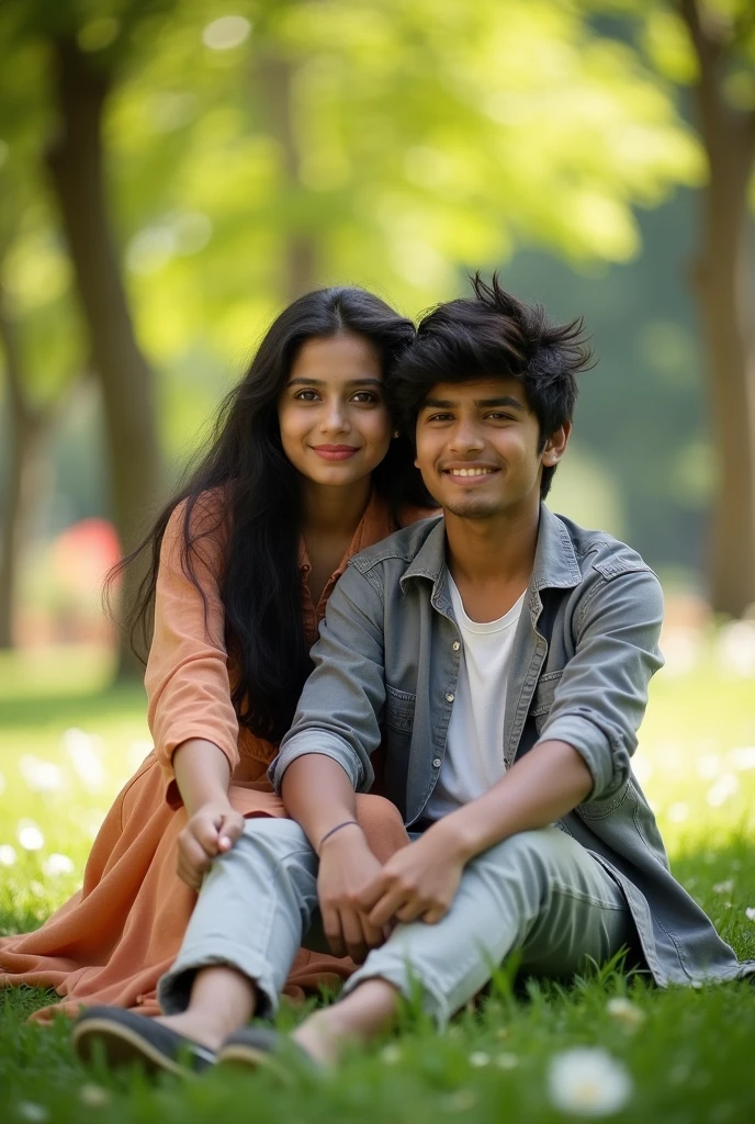 A 19-year-old Pakistani girl wearing a shirt and skirt is sitting on the lap of a 17-year-old Indian boy in a park, who is wearing a grey shirt and white t-shirt inner, his thick black hair falling over his eyes, both are looking straight at the camera. Beautiful scenery all around