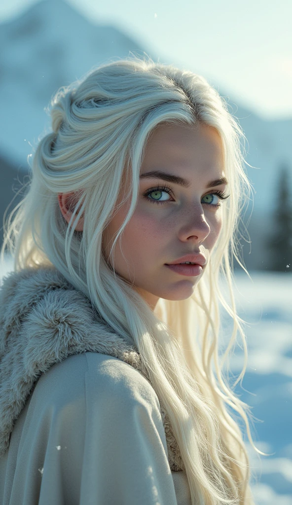 vintage style fantasy, masterpiece, magnificent art, best quality, 1girl, close-up girl nordic princess, Scandinavian mountains, winter weather, symmetrical and hyper detailed face, silky skin like peach silk, vibrant and aggressive green eyes, white and messy hair up to the waist, sculptural body, (sparks: 0.7), Adobe Illustration, Trand on Artstation, 8K, hd, UHD, cold and soft lighting,  --q 500 --s 100, -