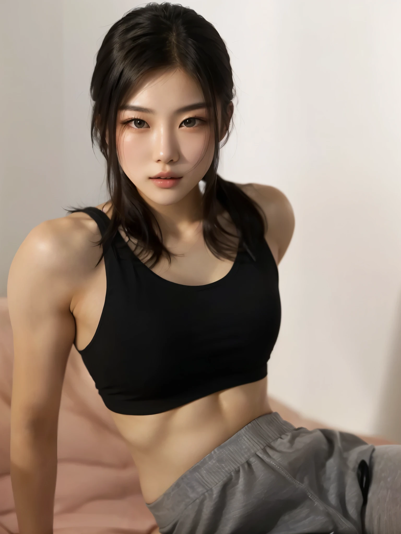 (One Person:1.6), (Quarter Front View Shot:1.4), (A Gorgeous 25 Years Old Japanese Female Model), (High Ponytail Black Hair:1.4), (Athletic Body Builds), (Pale Skin:1.4), (Detailed Oily and Sweaty Skin:1.4), (Wearing Black Strapless Sports Bra and Black Tight Shorts:1.6), (Busty Chest Size:1.6), (Clean Armpits:1.6), (Sexy Pose:1.6), (Dimly lit Bedroom:1.6), Centered, (Half Body Shot:1.4), Insane Details, Intricate Face Detail, Intricate Hand Details, Cinematic Shot and Lighting, Realistic Colors, Masterpiece, Sharp Focus, Ultra Detailed, Taken with DSLR camera, Realistic Photography, Depth of Field, Incredibly Realistic Environment and Scene, Master Composition and Cinematography