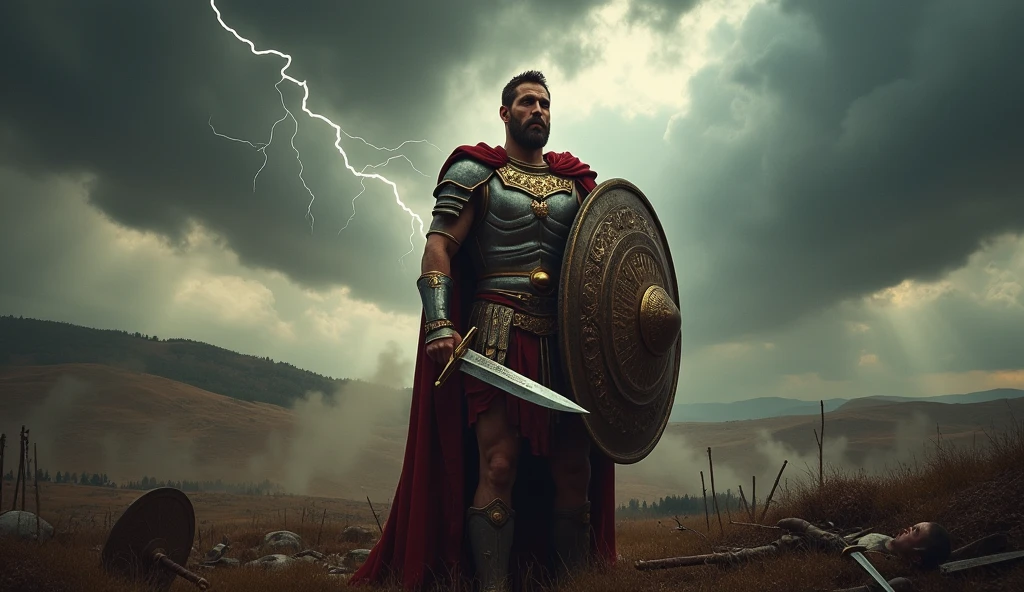 Pilate on a battlefield, symbolizing his military life before becoming governor. The sky is stormy, reflecting the turmoil of his life.