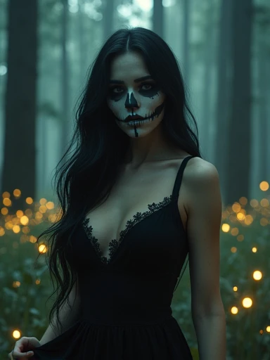 a surreal beautiful woman with a detailed skull face, long black hair, piercing eyes, delicate facial features, elegant neck, wearing a black dress, Sexy curvy hourglass body. Her breasts protrude from her cleavage. standing in a mystical forest with glowing fireflies, cinematic lighting, dark moody colors, highly detailed, digital painting, concept art, photorealistic.