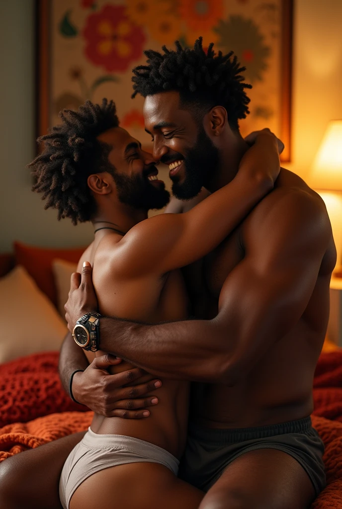 Bearded and hairy, dark-skinned man in underwear, hugging.