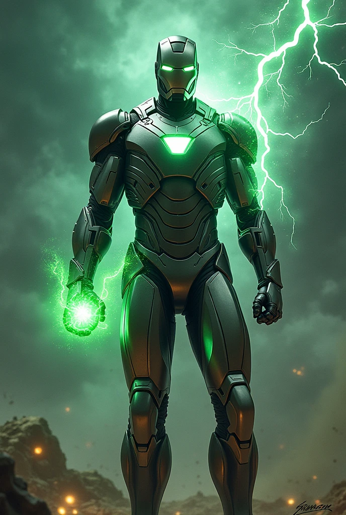Combined super hero, with iron man, thor,dr strange,
Helmet on , armor only, space with lightning in the middle background, lightning in right hand,holding green time stone in left hand, no cape collar
Helmet design like mark 50 iron man armor