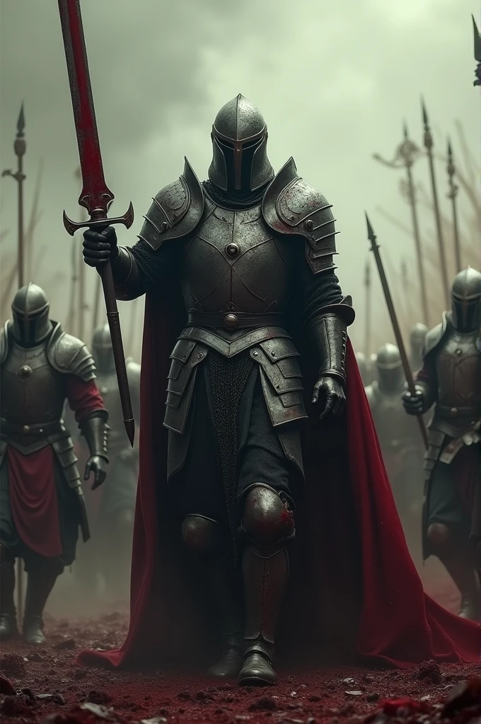 I am in action and I am the most feared warrior of all time. My armor and my sword carry the blood of the enemy. In action on a battlefield. , everyone looks exhausted trying to defend themselves and not die , real very real 48k high contrast gothic horror light photo rules unique piece