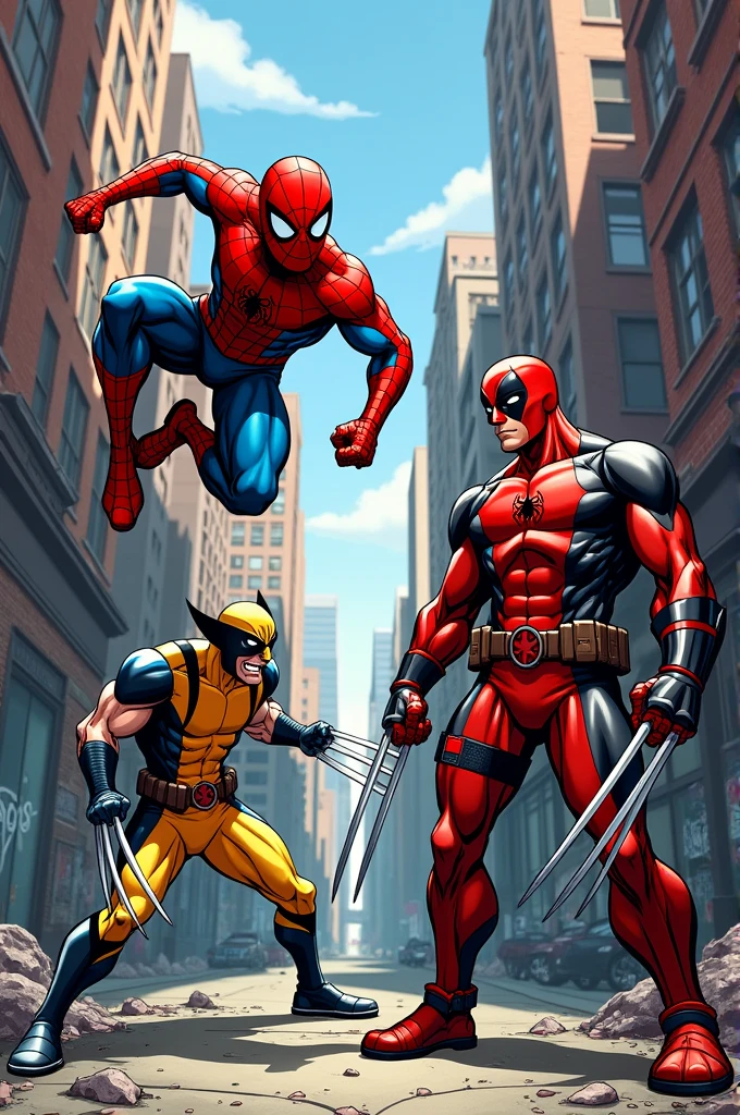 Spider-Man, Wolverine and Deadpool in the style of Mar del comic