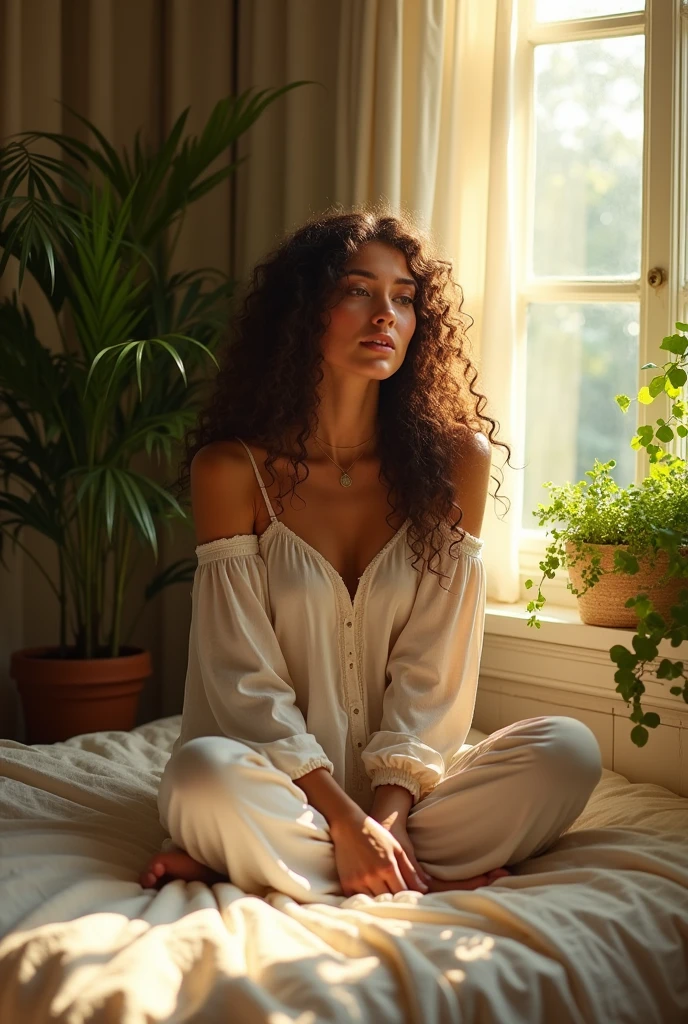 (photorealism:1.2), beautiful woman, sitting on bed, wearing loose off-shoulder top, pajama pants, long curly hair, indoors, soft lighting, plants in background, window with sunlight, cozy room, relaxed pose, realistic, intricate details, warm colors, by Greg Rutkowski, by Alphonse Mucha