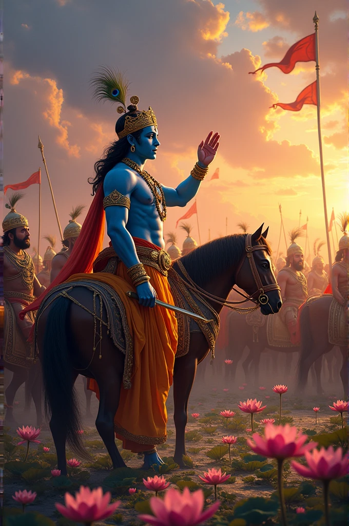 Sri Krishna preaching Arjuna in battle field with srikrishna standing 
