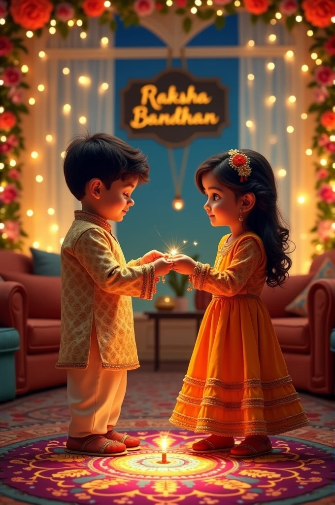 please create a image of A young Indian boy name Lucky in a traditional kurta and pajama receives a Rakhi from his sister name Riya in a decorated living room with colorful Rangoli at the entrance. The sister wears a bright lehenga choli. Happy Raksha Bandhan is written in gold script on a banner behind them.