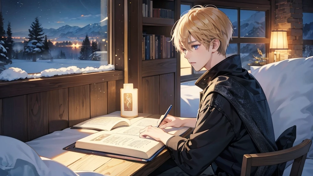 anime boy writing a book in a cozy winter setting, an anime drawing by Yuumei, pixiv contest winner, fantasy art, anime art wallpaper 4 k, anime art wallpaper 4k, anime art wallpaper 8 k, 4 k manga wallpaper, realistic anime artstyle, high quality anime artstyle, epic anime style, anime style 4 k, hd anime wallaper warm light
