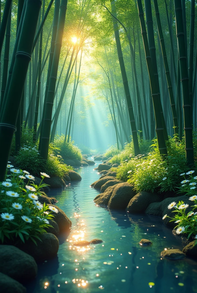 forest of intricate, (sectioned, bamboo trees), small stream, white flower, water reflective light, sunny day, sun, ray of light, 4k, super detail, (landscape), unique point of view, creative perspective, creative, cinematic, movie theme, movie artwork, (masterpiece, award winning artwork) many details, extreme detailed, full of details, clean, (((Green blue theme)))