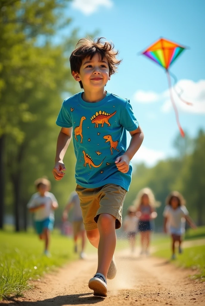 A boy chasing butterflies. There are flowers and butterflies in the background.