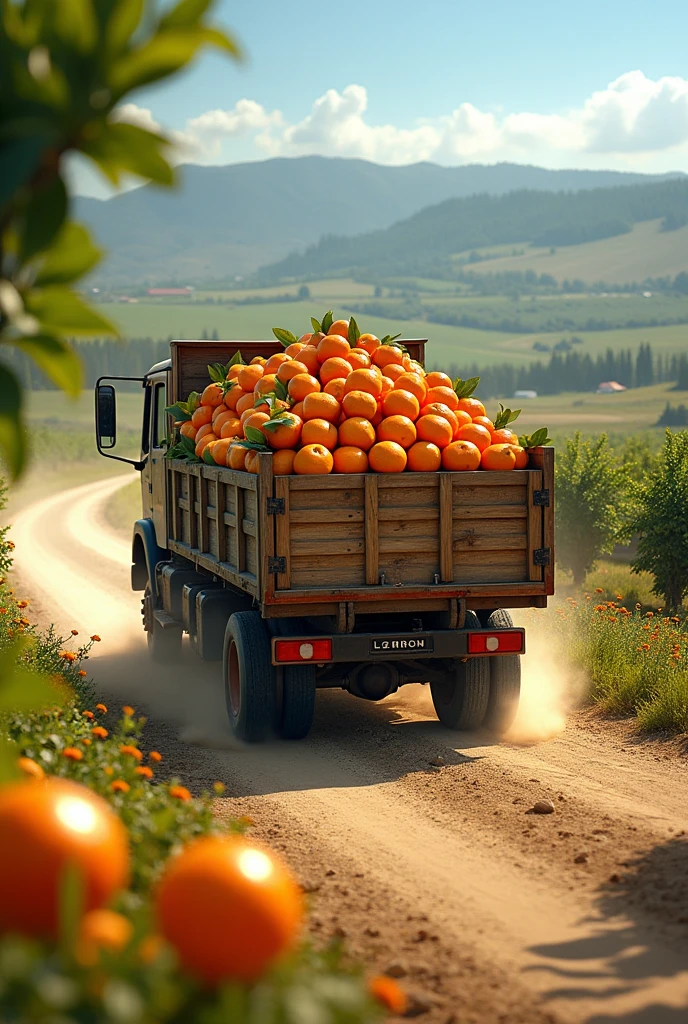 A big open truck with full of oranges going to a fruit processing company. show the truck going to the company
