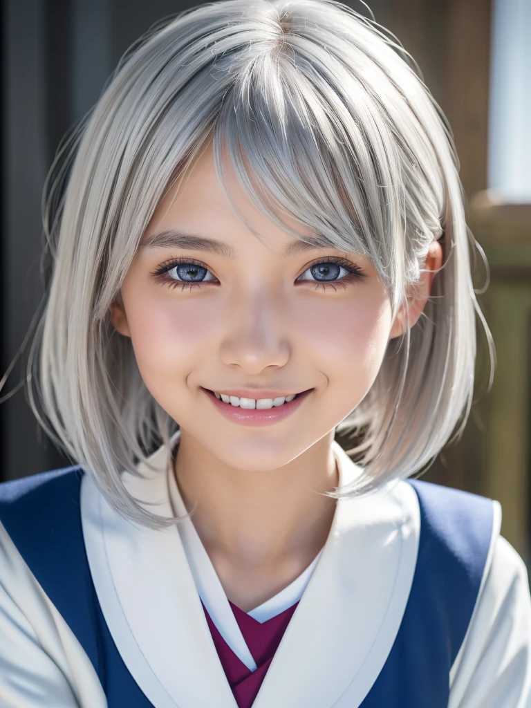 (A beautiful girl in a bright nordic setting, face lighting, realistic, cute, sexy, slim, extremely detailed eyes, droopy eyes, clear eyes, extremely detailed face:1.25), (ultra short fluffy hair,silver hair:1.5),(close-up of face,smiling:1.25), (japanese highschool uniform:1.5),detailed skin, intricate details, high quality, detailed background, soft lighting, detailed clothing, natural pose, cinematic lighting, volumetric lighting, digital art, photorealistic, vibrant colors, sharp focus, hyper detailed,Highres fix