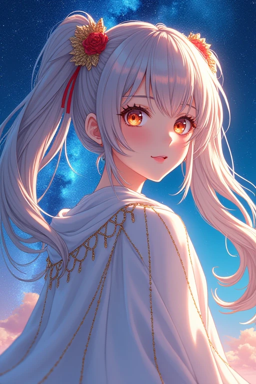 (masterpiece, Highest quality, Highest quality, Official Art, beautifully、aesthetic:1.2), (One person), Highly detailed eyes, (Fractal Art:1.3), colorful, Most detailed, (Perfect Face), Glowing Skin, High resolution, (White cloak, golden lines:1.2), Milky Way, (Streaks of Light), Impressive visuals, (Dynamic stripes, Light trail:1.2), Vibrant colors, Anime beautiful girl blushing, Twin tails, 