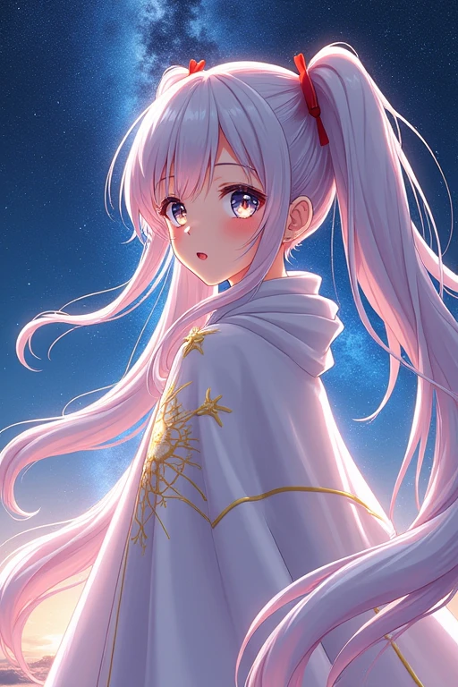 (masterpiece, Highest quality, Highest quality, Official Art, beautifully、aesthetic:1.2), (One person), Highly detailed eyes, (Fractal Art:1.3), colorful, Most detailed, (Perfect Face), Glowing Skin, High resolution, (White cloak, golden lines:1.2), Milky Way, (Streaks of Light), Impressive visuals, (Dynamic stripes, Light trail:1.2), Vibrant colors, Anime beautiful girl blushing, Twin tails,