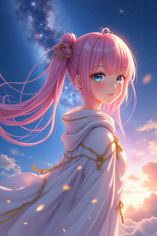 (masterpiece, Highest quality, Highest quality, Official Art, beautifully、aesthetic:1.2), (One person), Highly detailed eyes, (Fractal Art:1.3), colorful, Most detailed, (Perfect Face), Glowing Skin, High resolution, (White cloak, golden lines:1.2), Milky Way, (Streaks of Light), Impressive visuals, (Dynamic stripes, Light trail:1.2), Vibrant colors, Anime beautiful girl blushing, Twin tails,