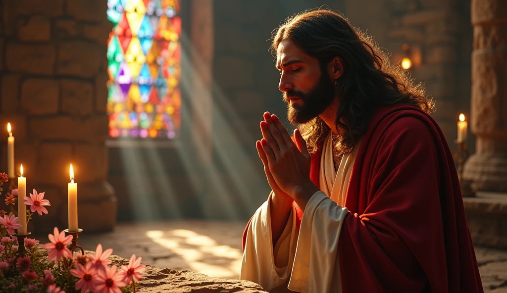 Cinematic image of Jesus with his hands clasped as if he were praying