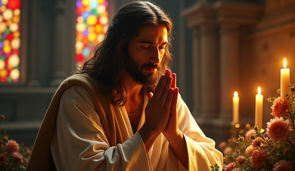 Cinematic image of Jesus with his hands clasped as if he were praying