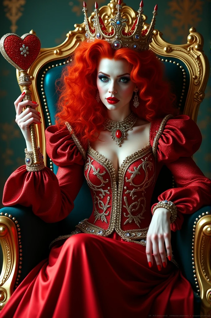 （Red curly hair），Queen，Queen Clothing，Holding a love staff，Red lipstick，(the red queen，Disney Villains)，Big Head，Pale skin，Villains，Sitting on the throne，accessories，poker，Blue Eyeshadow