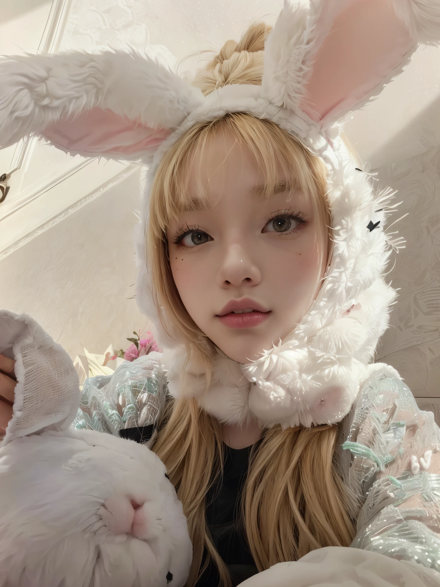 giraffe girl with long blonde hair wearing a bunny costume, lalisa manobal, with rabbit ears, Lalisa Manoban of Blackpink, with rabbit ears largas y caídas, sweet ultra-realistic bunny, with rabbit ears, with big rabbit ears, roseanne park by blackpink, wearing a bunny suit, shikami, wearing cyber bunny ears