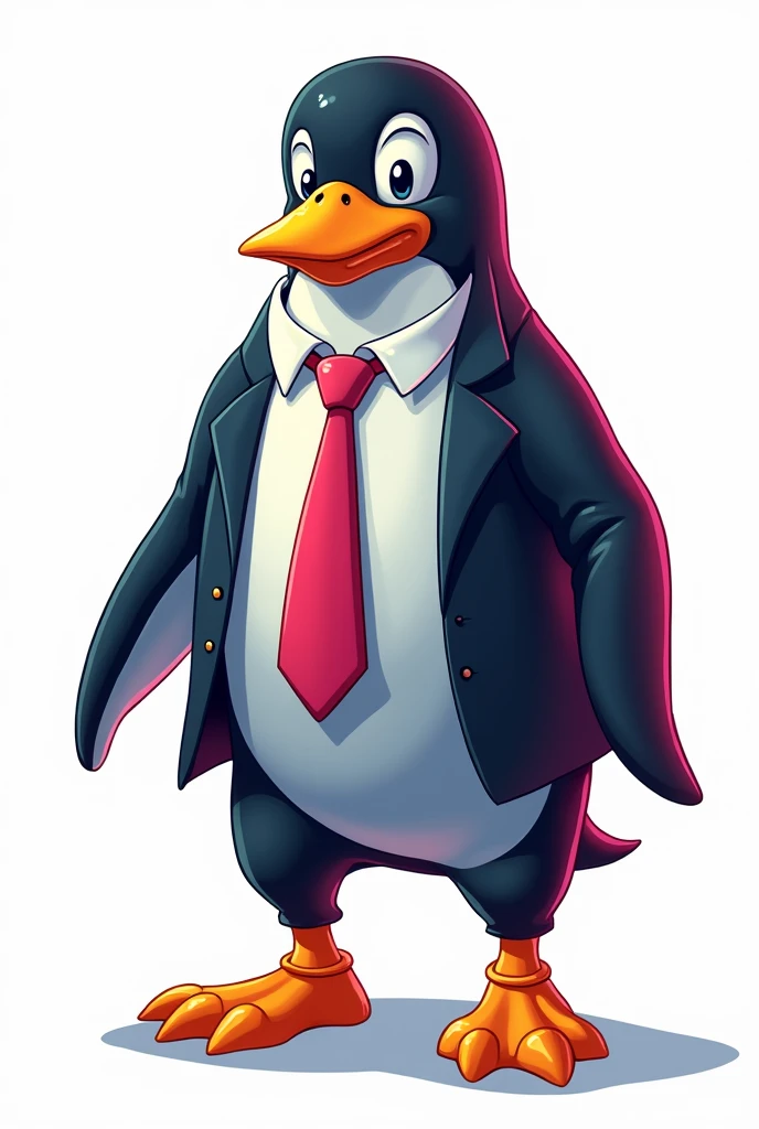 Linux mascot is wearing business suite bravest
human structure wearing business suite Linux mascot mid shot retro comic style neno colours white background 4k image human legs